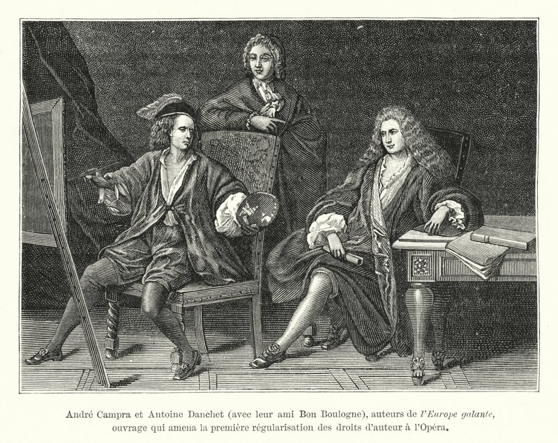 Andre Campra és Antoine Danchet barátjukkal, Bon Boulogne-nal, a Europe galante szerzői, egy mű, amely az Opera szerzői jogainak első rendszeresítéséhez vezetett (metszet) alkotó: French School