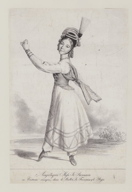 Angelique St Romain Mees kozák jelmezben a La Francaise et le Raja (litho) című baletthez alkotó: French School
