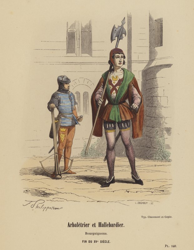 Számszeríjász és alabárdos, burgundok, 15. század vége (színes metszet) alkotó: French School