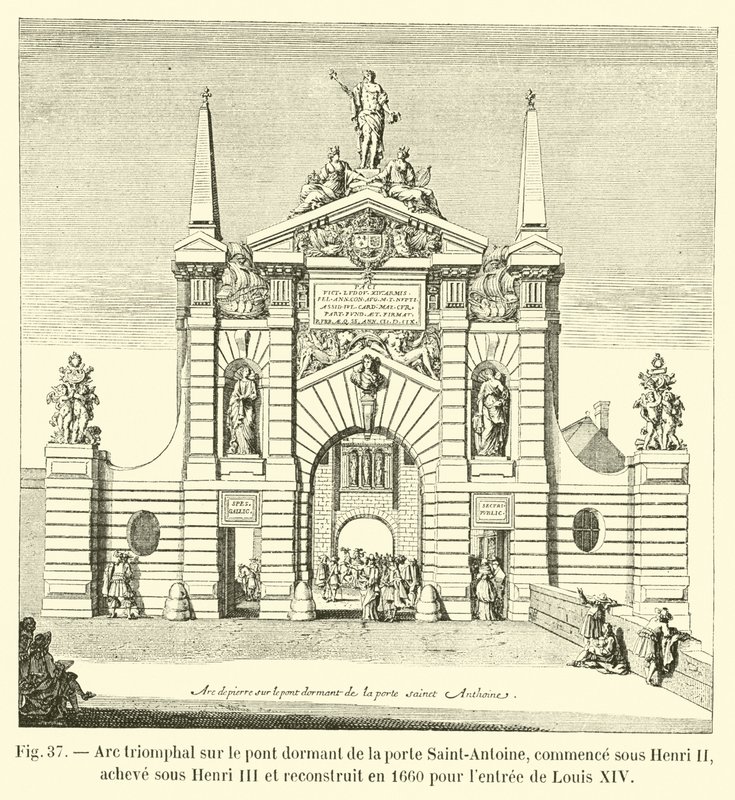 Diadalív a Saint-Antoine-kapu alvó hídján, II. Henrik alatt kezdődött, III. Henrik alatt fejeződött be, és 1660-ban újjáépítették XIV. Lajos belépésére. alkotó: French School