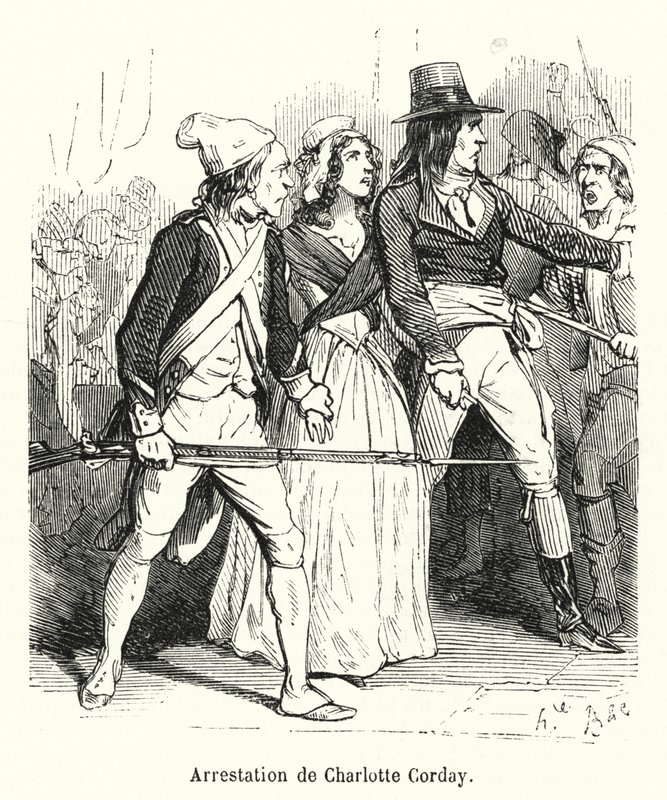 Charlotte Corday letartóztatása (metszet) alkotó: French School