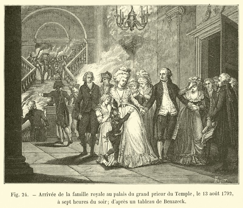 A királyi család érkezése a Templom Grand Prior palotájába, 1792. augusztus 13-án este hét órakor; Benazeck festményéről alkotó: French School