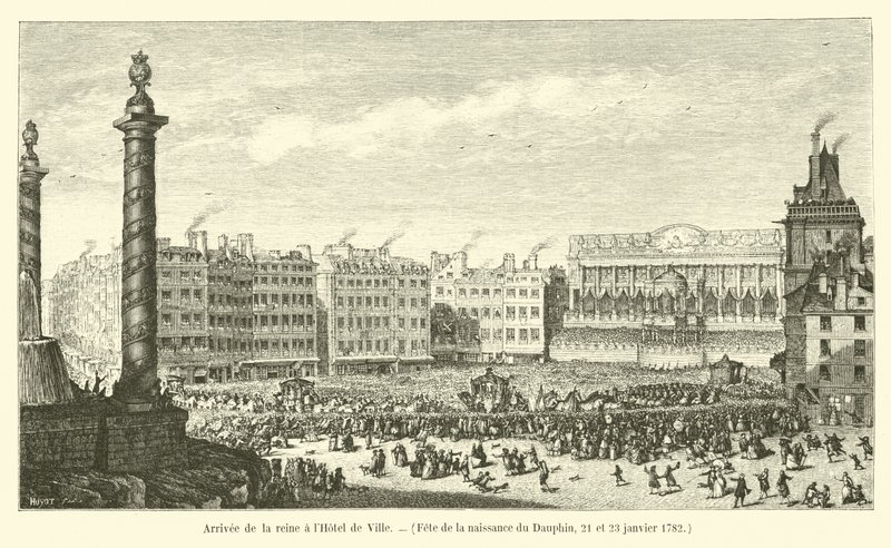 A királynő érkezése a Hôtel de Ville-be, Dauphin születésnapi partija, 1782. január 21. és 23. alkotó: French School