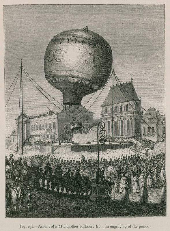 Montgolfier léggömb felemelkedése; a korszak metszeteiből alkotó: French School