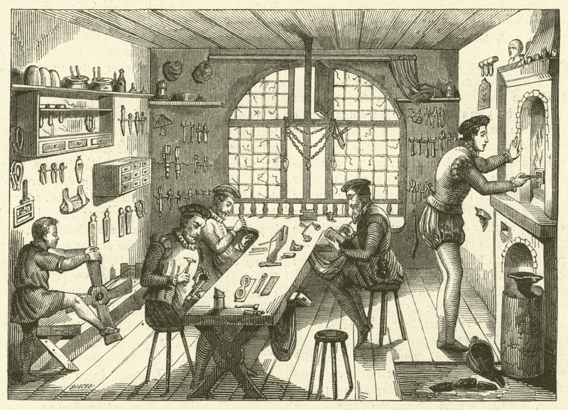 Etienne de Laulne, Stephanus, a tizenhatodik század ötvösének műhelye (metszet) alkotó: French School