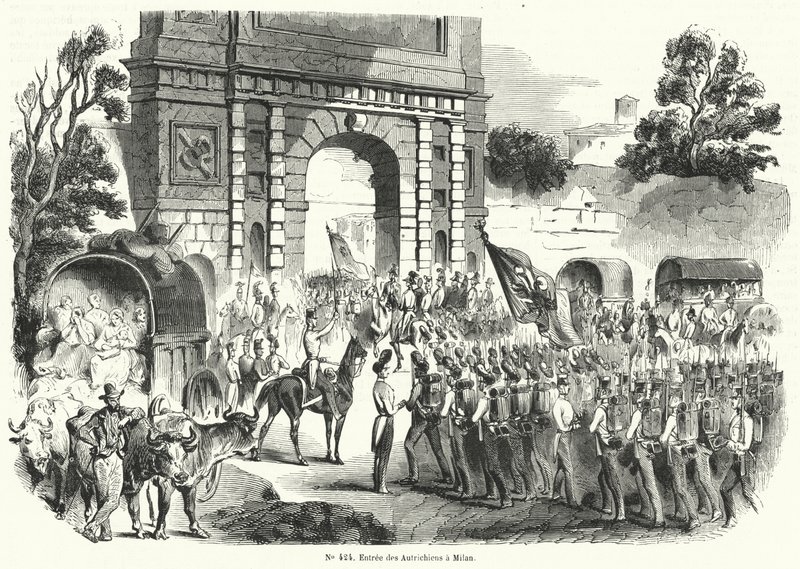 Osztrák csapatok bevonulása Milánóba, Olaszországba, 1848. augusztus 6. (metszet) alkotó: French School