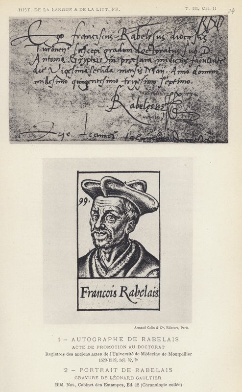 Rabelais autogramja, Rabelais portréja (litho) alkotó: French School