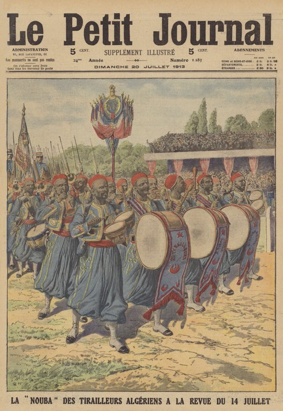 Az algériai tirailleurok bandája felvonul a Bastille-napi katonai parádén Párizsban (színes litó) alkotó: French School