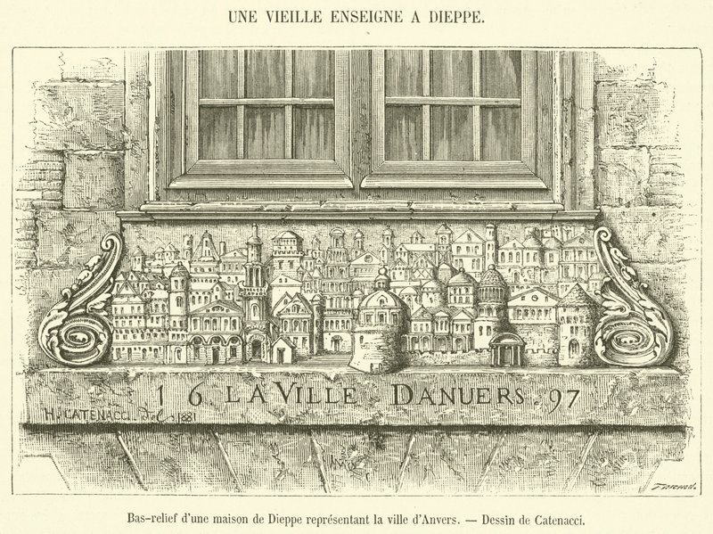 Dieppe-i ház domborműve, amely Antwerpen városát ábrázolja (metszet) alkotó: French School