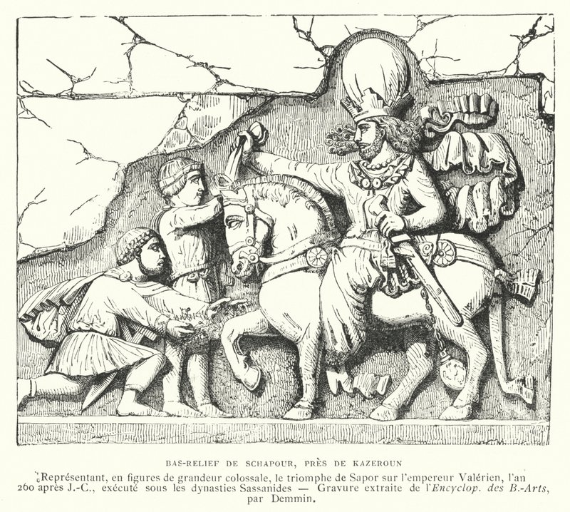 Dombormű az iráni Kazerun közelében, I. Sapur szászán király győzelmét ábrázolja Valerian római császár felett az edessai csatában, 260 (metszet) alkotó: French School