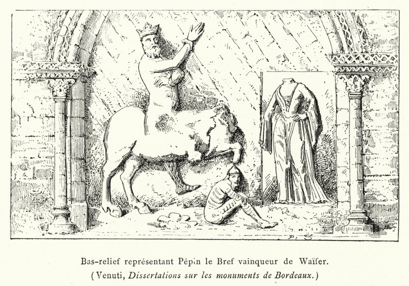 Rövid Pepint ábrázoló dombormű, amint legyőzi Waifert (metszet) alkotó: French School