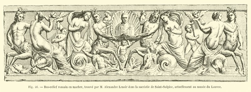 Márvány római dombormű, amelyet M. Alexandre Lenoir talált a Saint-Sulpice sekrestyében, jelenleg a Louvre Múzeumban alkotó: French School