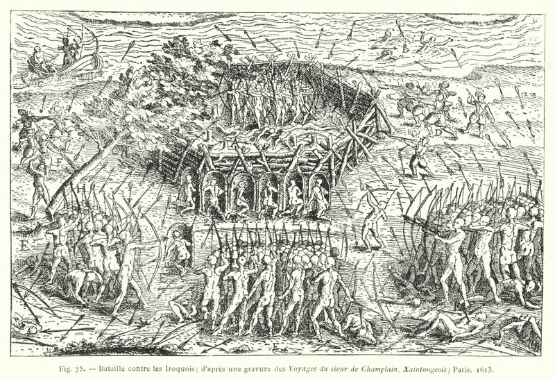Harc az irokézek ellen; metszet után a Sieur de Champlain utazásaiból, Xaintongeois, Párizs alkotó: French School