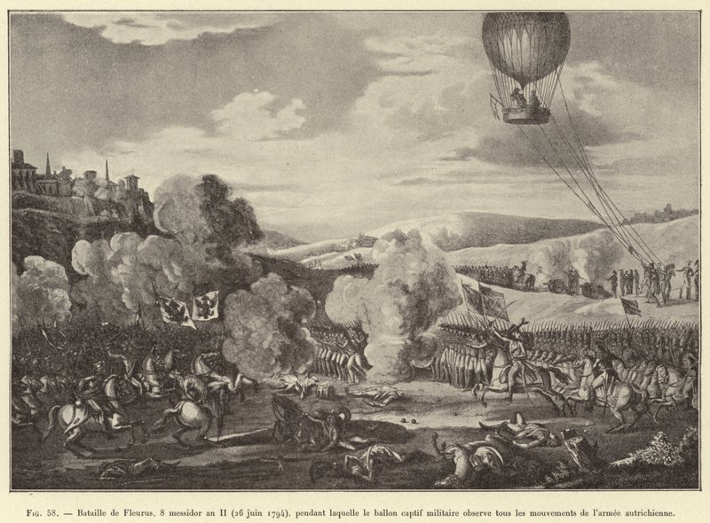 Fleurus-i csata, 8. Messidor, II. év (1794. június 26.), amely során a fogságban lévő katonai léggömb az osztrák hadsereg összes mozgását megfigyeli (metszet) alkotó: French School