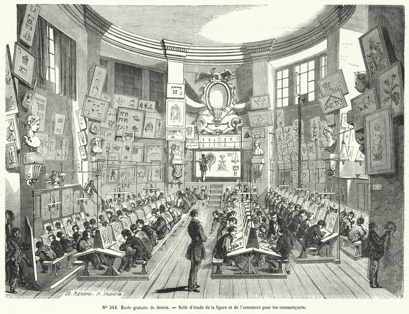 Kezdő osztály egy szabad rajziskolában, Franciaország (metszet) alkotó: French School