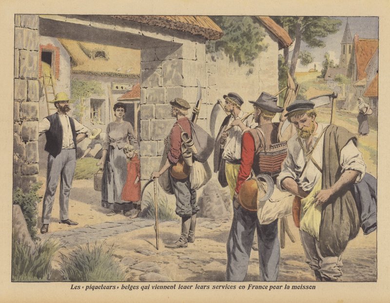 Belga mezőgazdasági munkások, akik munkát keresnek Franciaországban a betakarítás idején (színes litho) alkotó: French School
