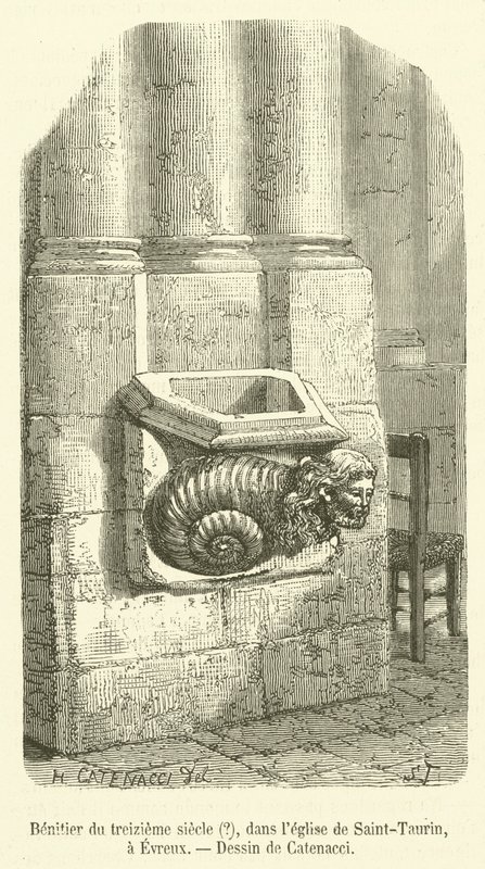 A tizenharmadik századi Benitier?, a Saint-Taurin templomban, Evreux-ban (metszet) alkotó: French School