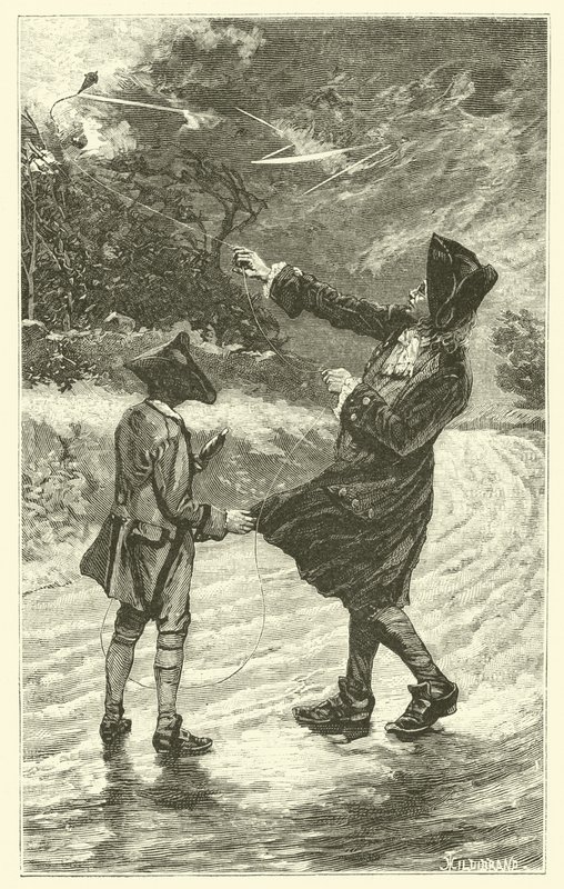 Benjamin Franklin sárkányát repíti (metszet) alkotó: French School