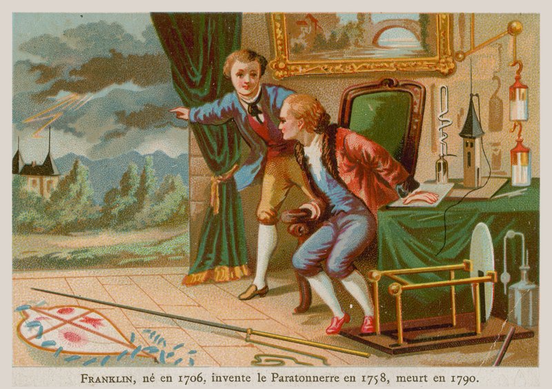Benjamin Franklin, a villámhárító feltalálója és az Egyesült Államok egyik alapító atyja (1706-1790) alkotó: French School