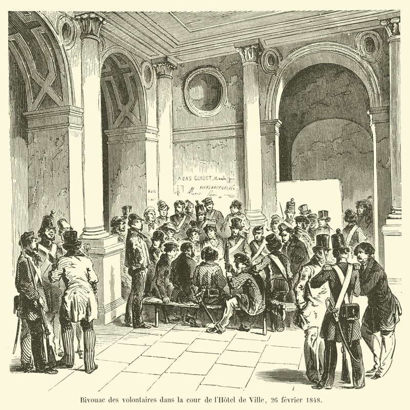 Az önkéntesek bivakja a Hôtel de Ville udvarán, 1848. február 26. alkotó: French School