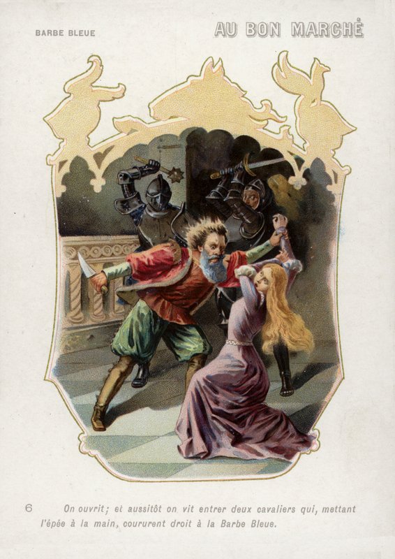 Kékszakállú feleségét testvérei (chromolitho) érkezése menti meg a férjétől a haláltól alkotó: French School