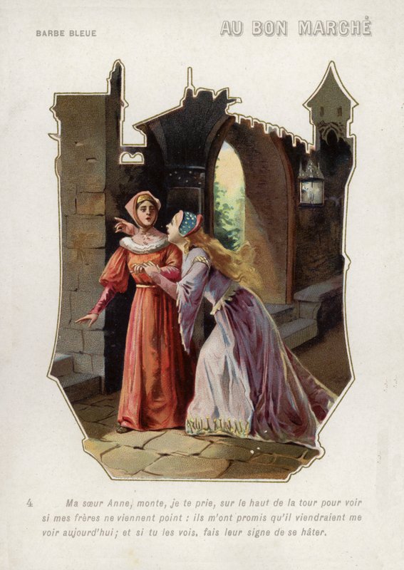 Kékszakállú felesége azt mondja nővérének, Anne-nek, hogy másszon fel a kastély tornyába, és vigyázzon testvéreire (chromolitho) alkotó: French School