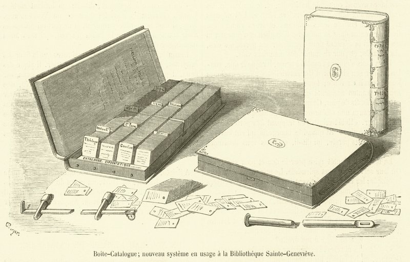 Katalógusdoboz, új rendszer használatban a Bibliotheque Sainte-Genevieve-ben (metszet) alkotó: French School
