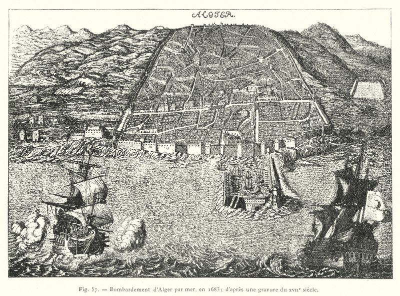 Algír tengeri bombázása, 1683-ban; 17. századi metszet után (metszet) alkotó: French School