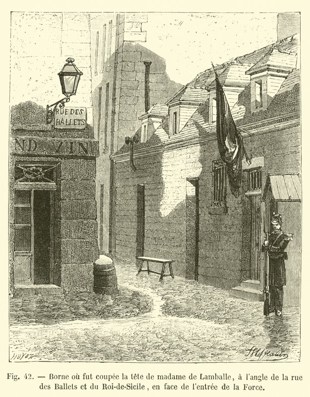 Bollard, ahol levágták Madame de Lamballe fejét, a rue des Ballets és a rue du Roi-de-Sicile sarkán, a La Force bejáratával szemben alkotó: French School