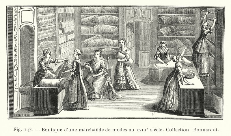 Egy 18. századi divatkereskedő boltja, Bonnardot Collection (metszet) alkotó: French School