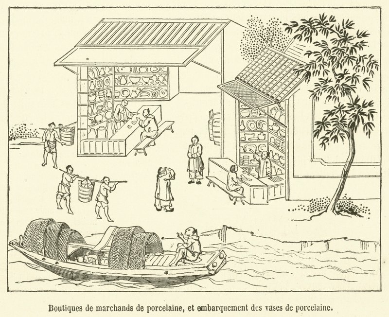 Porcelánkereskedők üzletei és porcelánvázák beszállása (metszet) alkotó: French School