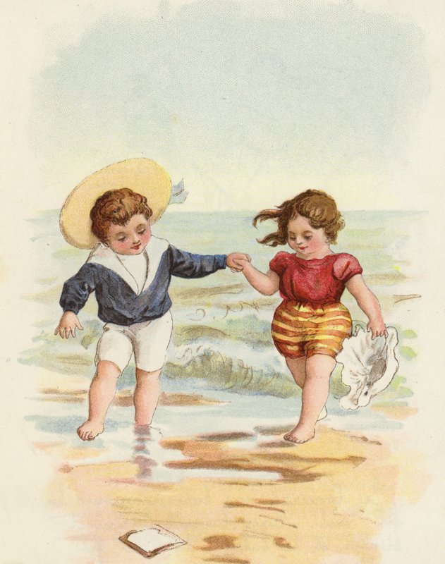 Fiú és lány játszik a tengerparton alkotó: French School