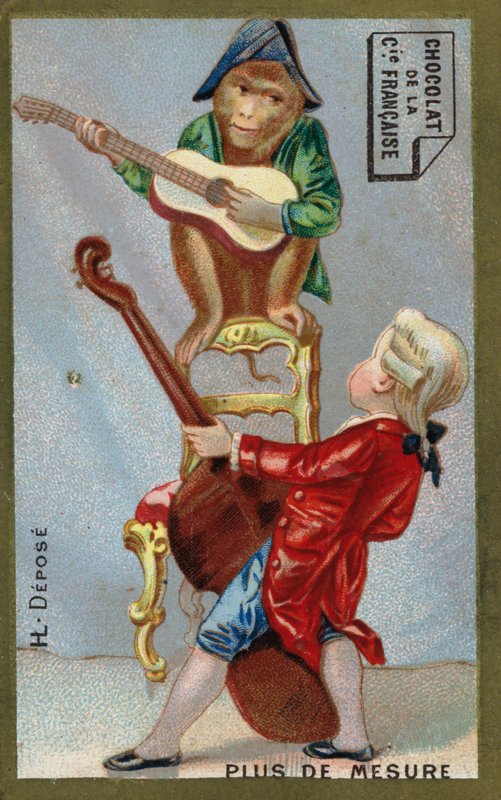 Fiú és majom együtt játszik hangszeren (chromolitho) alkotó: French School