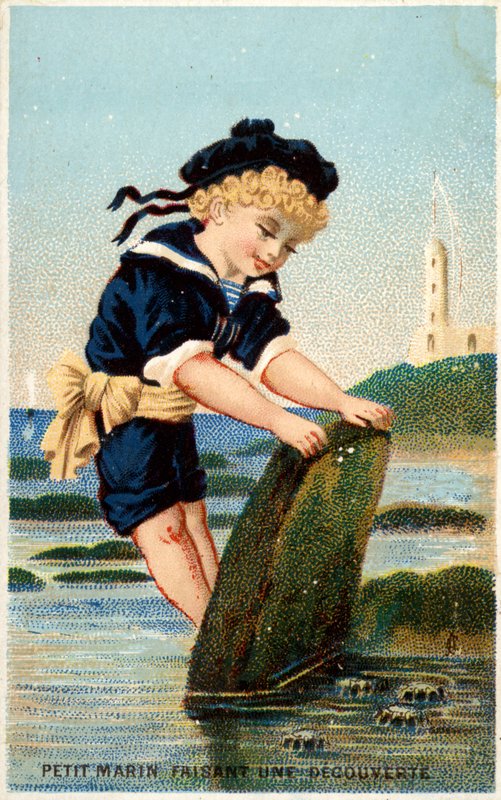 Fiú keresi a kő alatt a strandon alkotó: French School