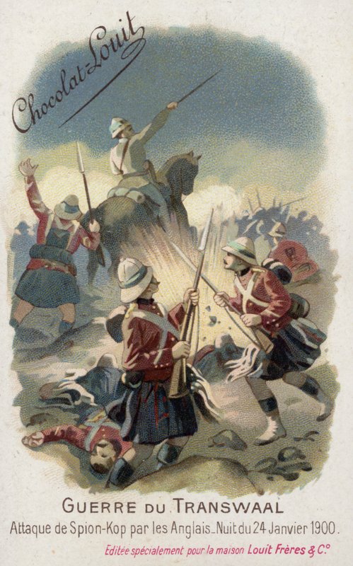 Brit csapatok megtámadják Spion Kopot 1900. január 24-én éjjel (chromolitho) alkotó: French School