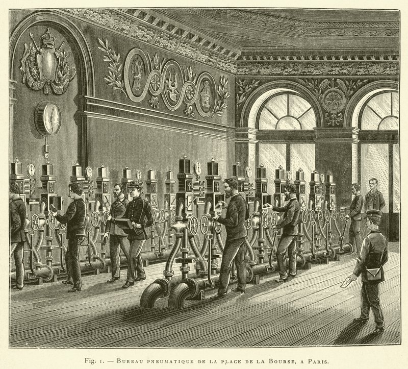 Pneumatikus iroda a Place de la Bourse Párizsban (metszet) alkotó: French School