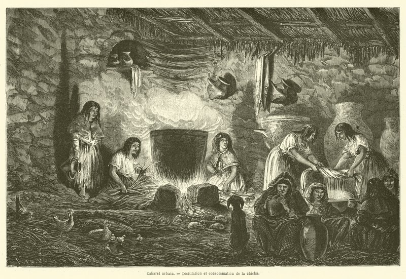 Városi kabaré, Chicha lepárlása és fogyasztása (metszet) alkotó: French School
