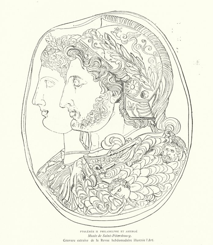 Az ókori egyiptomi fáraó, Ptolemaiosz Philadelphus és felesége, Arsinoe kameója, Kr.e. 3. század (metszet) alkotó: French School