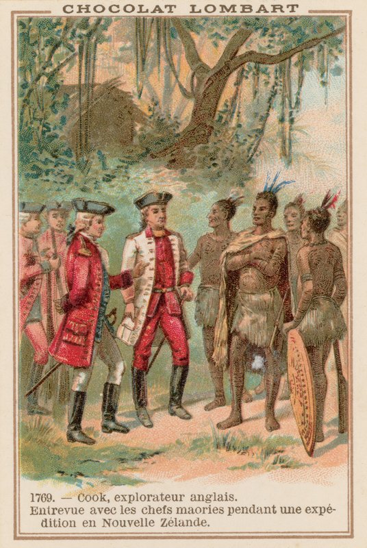 James Cook kapitány találkozó a maori főnökökkel Új-Zélandon, 1769 alkotó: French School
