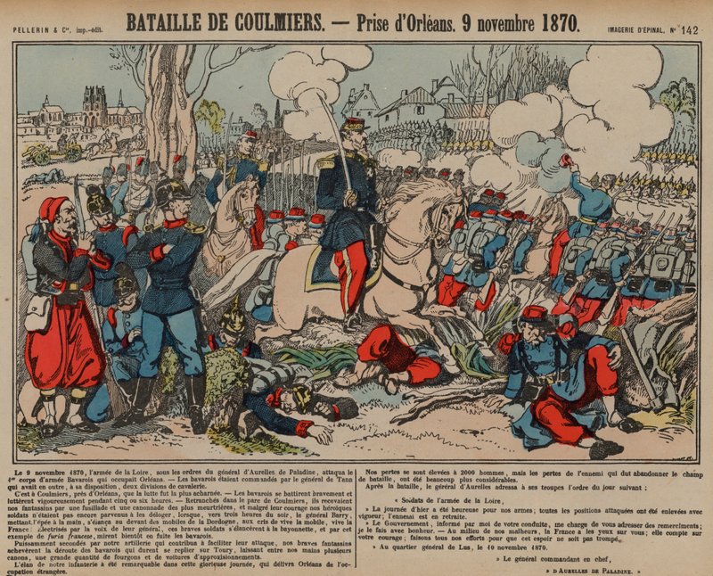 Orléans francia elfoglalása a coulmiersi csata után, francia-porosz háború, 1870. november 9. (színes metszet) alkotó: French School