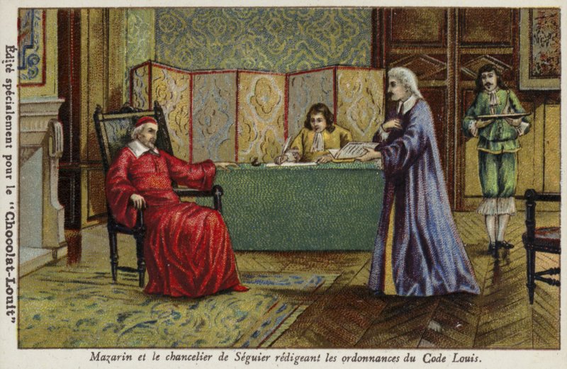 Mazarin bíboros és Seguier kancellár a Code Louis rendeleteinek megfogalmazása alkotó: French School