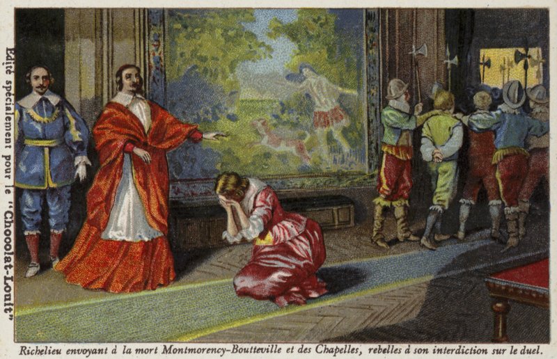 Richelieu bíboros kivégzésre küldi Francois de Montmorency-Bouteville-t és a Comte de Chapelles-t, mert megszegték a párbajozási tilalmat, 1627 alkotó: French School