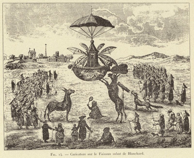 Blanchard karikatúrája a repülő hajón (metszet) alkotó: French School