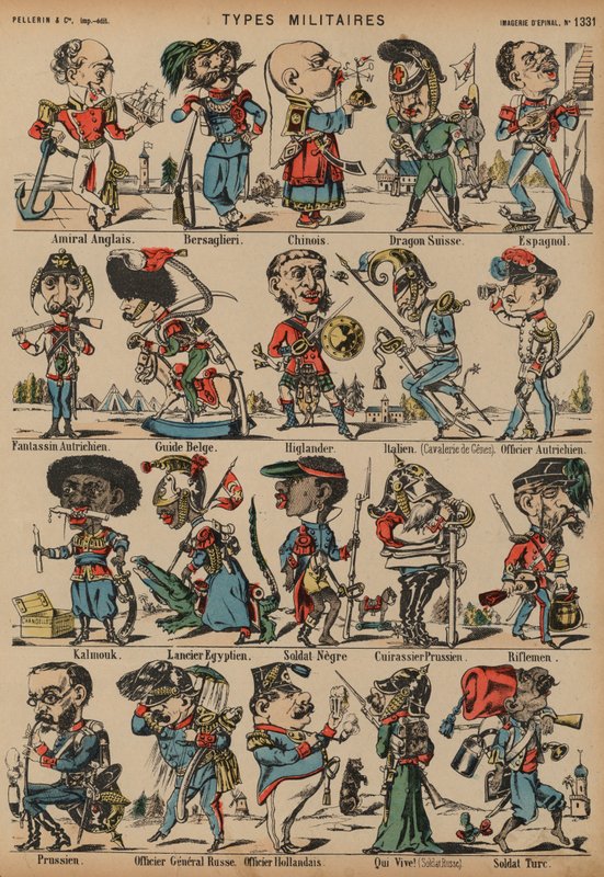 Katonafigurák karikatúrái (színes metszet) alkotó: French School