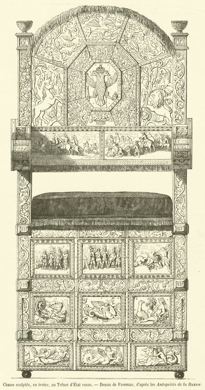 Faragott szék, elefántcsontban, az Orosz Államkincstárnál (metszet) alkotó: French School