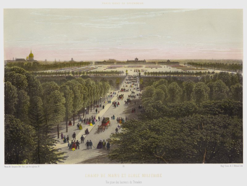 Champ De Mars és katonai iskola, kilátás a Trocadero magaslatairól (színes litho) alkotó: French School