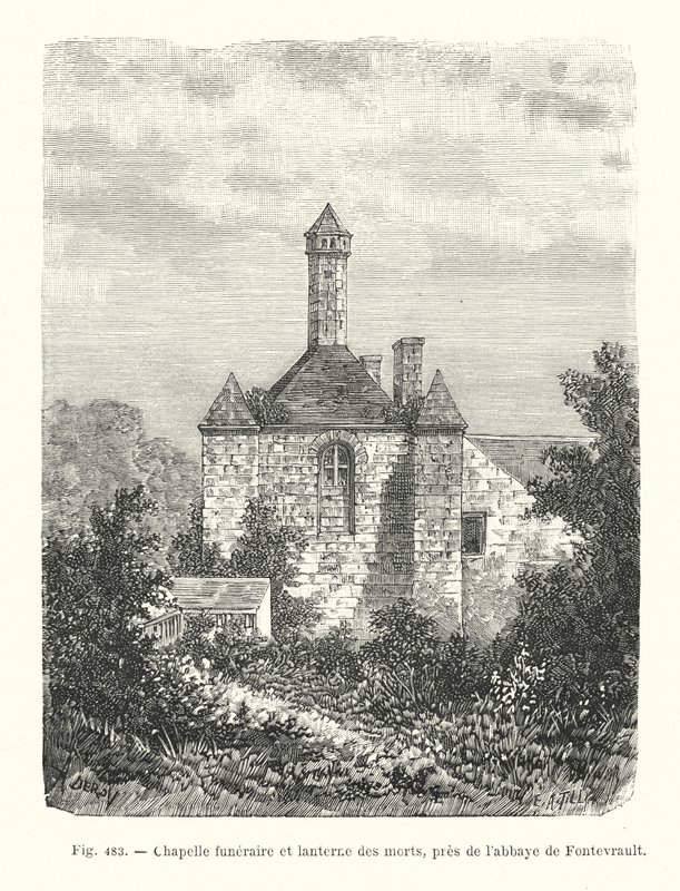 Temetési kápolna és halottak lámpása, a Fontevrault-i apátság közelében (metszet) alkotó: French School