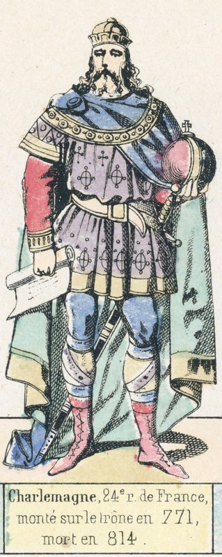 Nagy Károly, Franciaország 24. királya, 771-ben lépett trónra, 814-ben halt meg (színes metszet) alkotó: French School