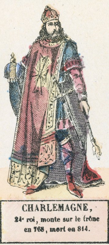 Nagy Károly, 24. király, 768-ban lépett trónra, 814-ben halt meg (színes metszet) alkotó: French School