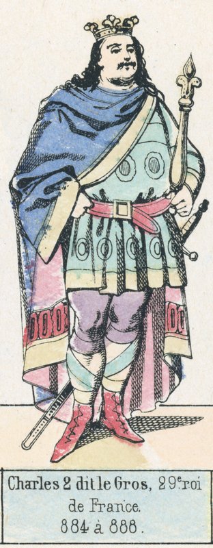 Charles 2 dit le Gros, Franciaország 29. királya, 884-888 (színes metszet) alkotó: French School